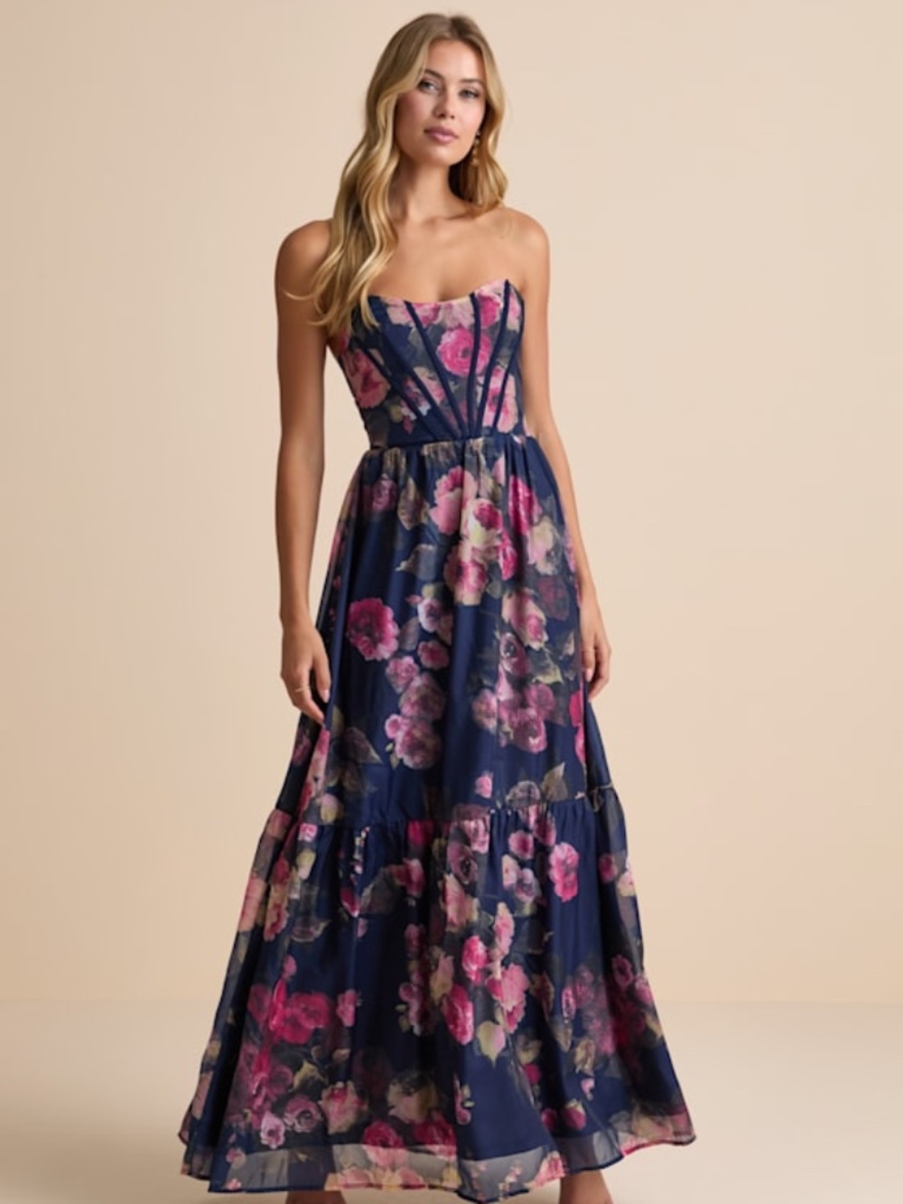 Lulus Roane Navy Floral Organza Bustier Maxi Dress Blue - Size M